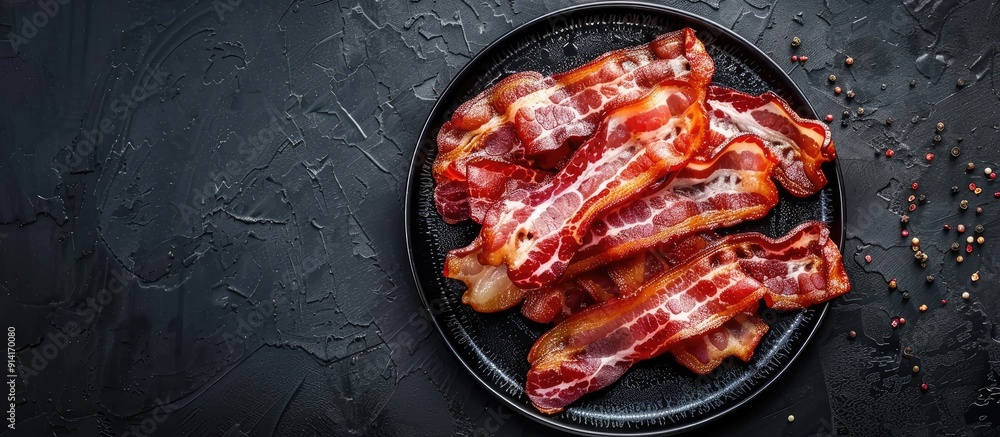 Poster Top view of a plate with crispy bacon slices on a textured dark surface offering ample copy space image
