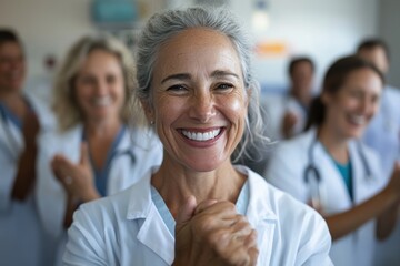 A senior female doctor smiles with her medical team in the background, conveying confidence, professional warmth, and collaborative spirit in a modern healthcare setting.