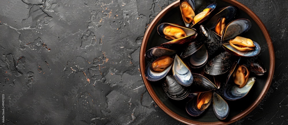 Aufkleber Image of raw mussels and clams on a plate captured from a top view with a flat lay perspective showing copy space and a horizontal orientation with no people in the shot