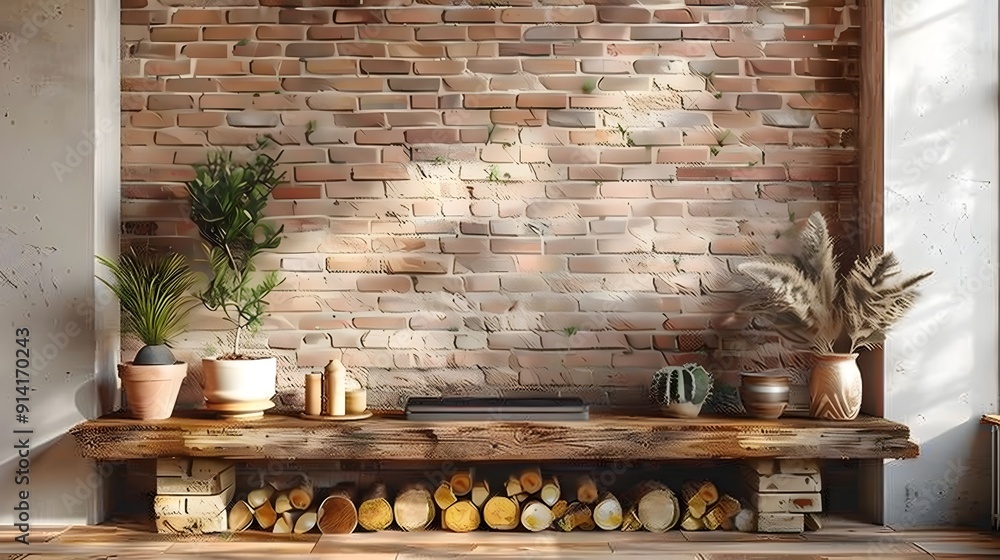 Wall mural cozy brick fireplace setting with warm decor and product displays