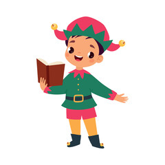 Boy Character in Elf Costume Sing Carols Celebrate Christmas Holiday at Winter Vector Illustration