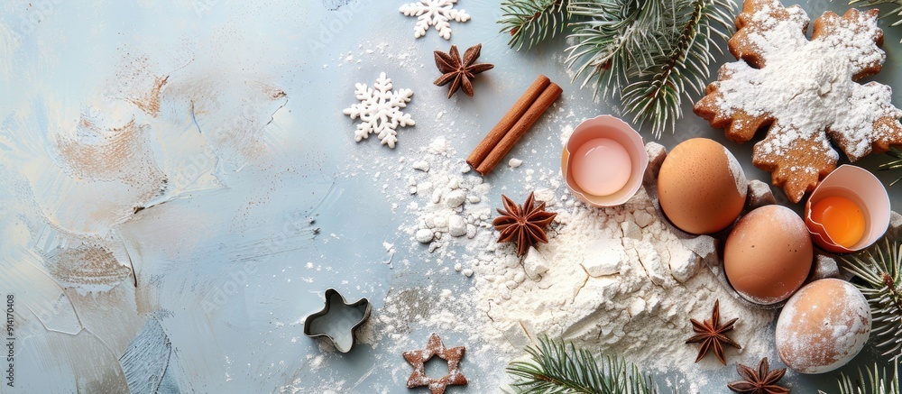 Poster a festive christmas backdrop featuring ingredients like flour eggs cinnamon and a cookie cutter on a