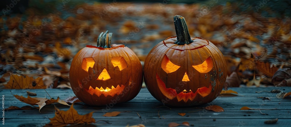 Aufkleber two jack o lantern pumpkins with different expressions arranged horizontally on a dark wooden surfac