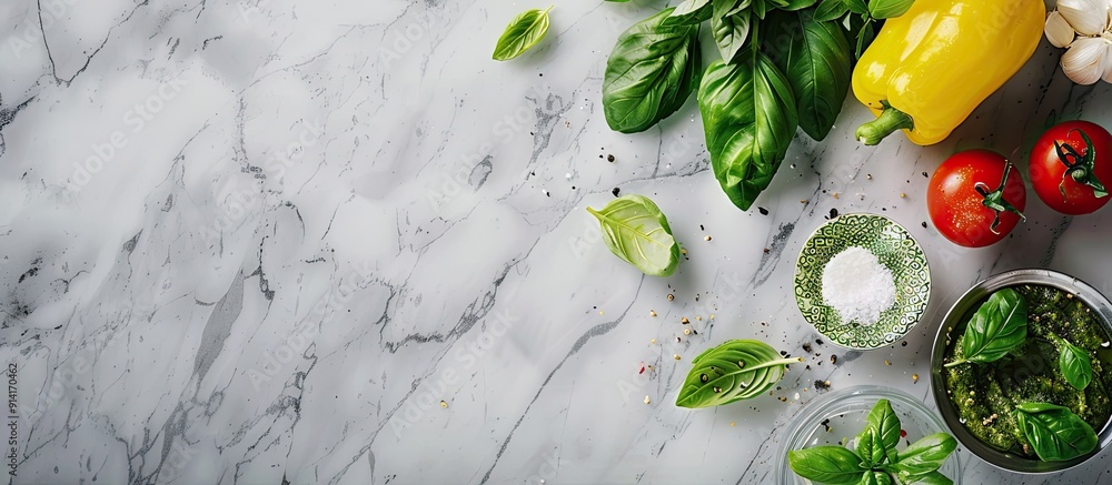 Poster a neutral grey backdrop with a copy space image for preparing pesto pasta ingredients in a horizonta