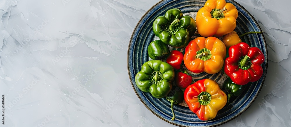 Poster A variety of fresh bell peppers in different colors arranged on a blue plate against a white backdrop The image focuses on the multicolored peppers from a top view leaving space for text or other ele