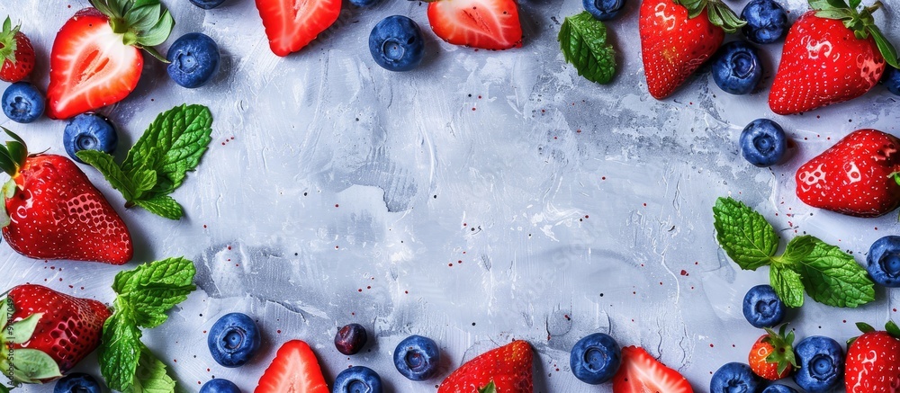 Poster A background in shades of gray with fresh strawberry and blueberry halves and mint leaves neatly arranged in a frame with a designated empty area for text or images. Creative banner. Copyspace image