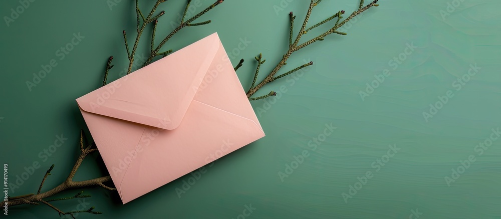 Aufkleber a light pink envelope rests on a green background with a green twig in a close up shot providing a s