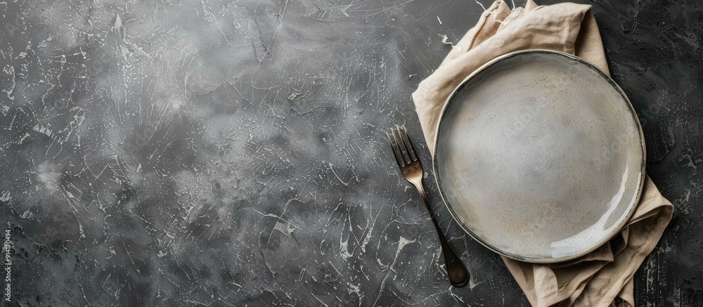 Fototapete gray stone table with a blank plate on a napkin offering ample copy space for customization