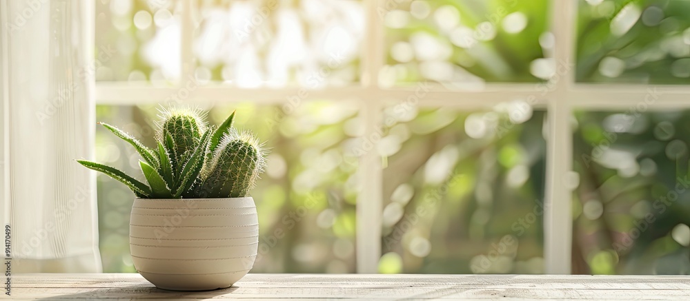 Poster A green cactus displayed on a table by a window in the garden creating a peaceful ambience with copy space image