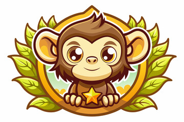 A Cute Cartoon Monkey Holding a Golden Star in a Leaf Frame