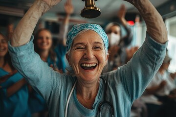 An ecstatic elderly woman, proudly ringing a celebration bell while being cheered on by friends and healthcare workers, symbolizing victory in a healthcare setting.
