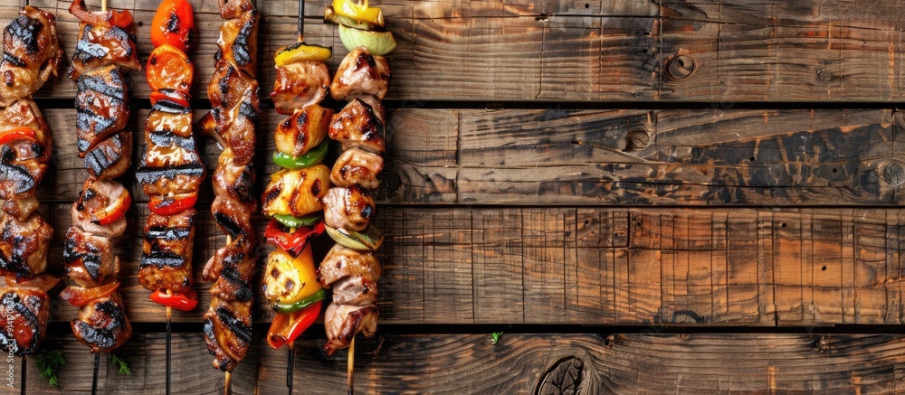 Aufkleber Multiple types of barbeque skewers arranged on a rustic wooden table with ample copy space image