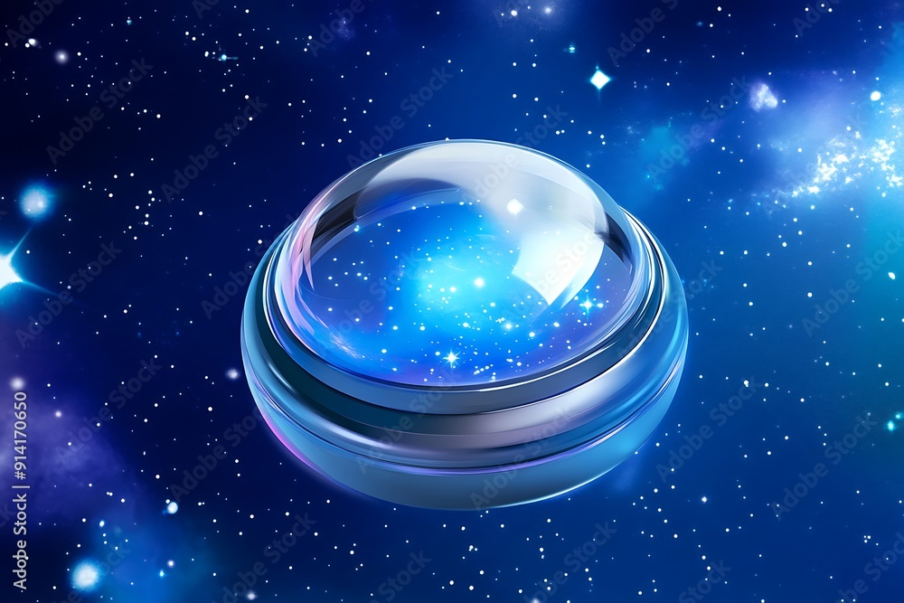 Poster glowing transparent push button floating in space - modern sci-fi illustration
