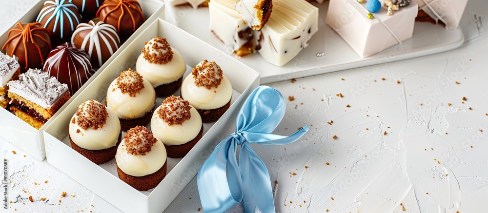 Poster a variety of cakes in a white box with a blue ribbon and bow including honey cake napoleon cake pige
