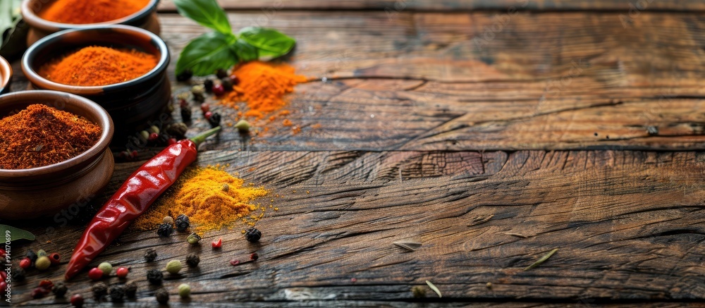 Poster indian spices arranged attractively on a wooden surface with copy space image