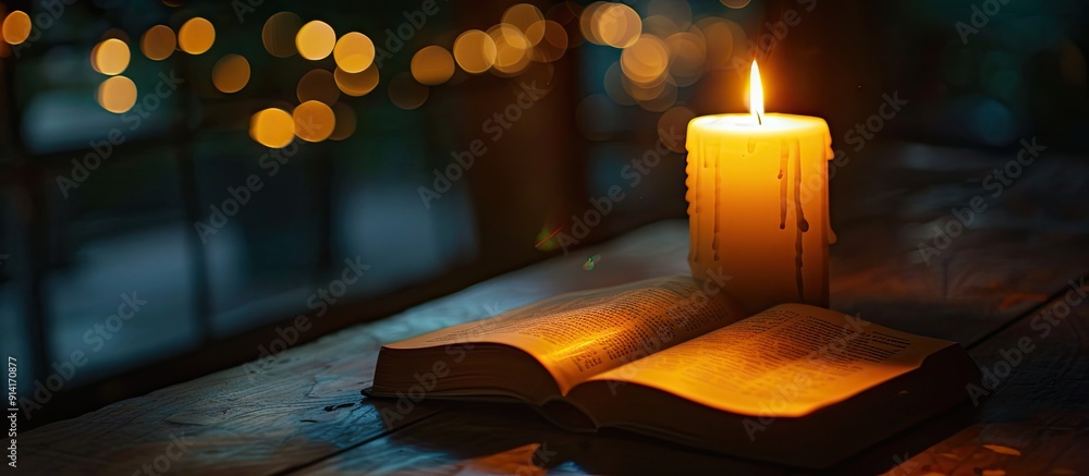 Aufkleber A serene ambience is created with candlelight illuminating a book on a table corner at night providing a beautiful setting with an empty right copy space image