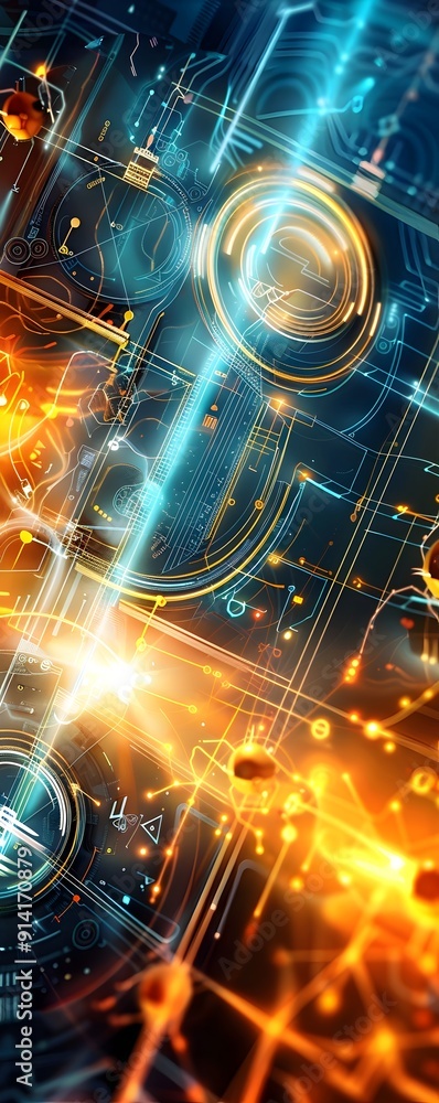 Poster futuristic technology interface with glowing lines and circles.