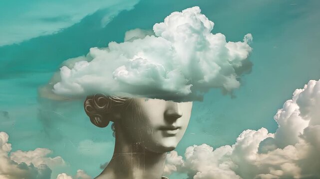Statue of a woman with head in the clouds against surreal sky, dreamlike mood concept