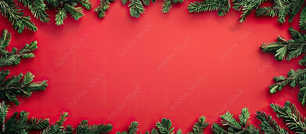 Poster view from above of a festive red christmas background created with green fir branches forming a fram