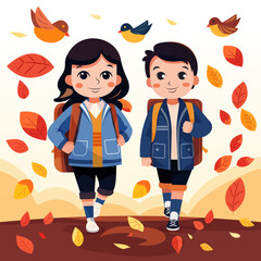 Happy funny funny little girl and boy go to school 086