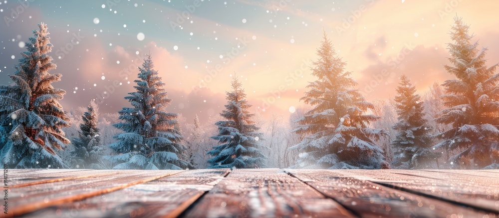 Leinwandbilder winter landscape with snowy fir trees on a wooden table top creating a festive merry christmas and h