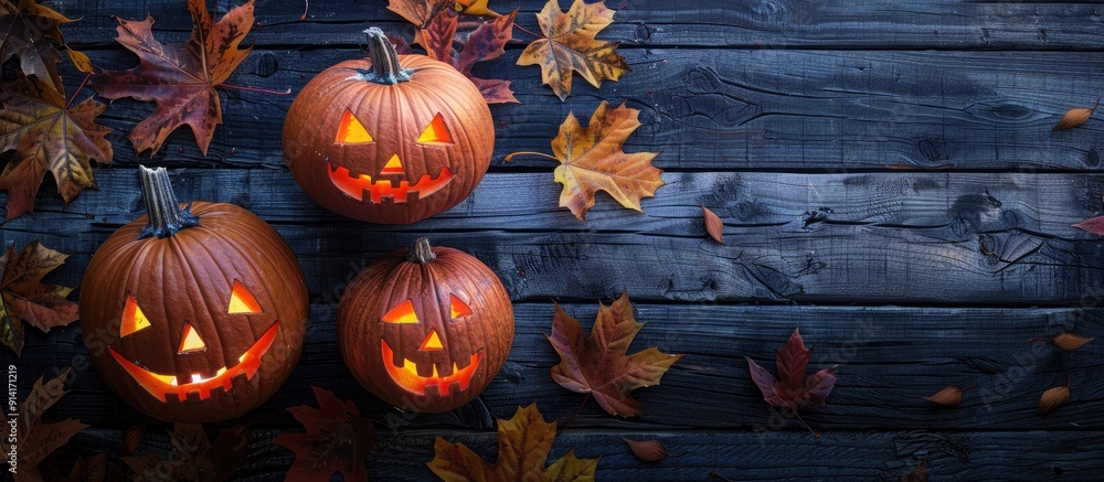 Poster two jack o lantern pumpkins with different expressions arranged horizontally on a dark wooden surfac
