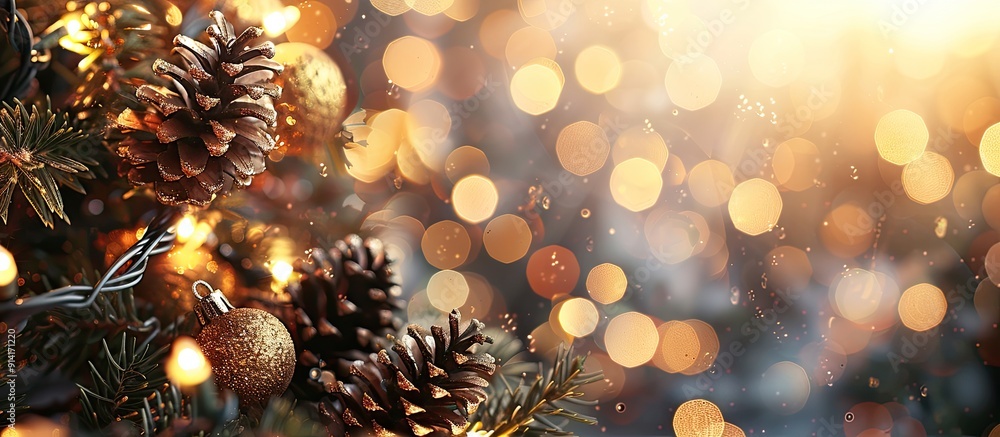 Poster festive christmas greeting card with new year concept on bokeh background featuring a flat lay desig