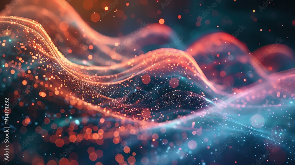 Poster vibrant abstract waves intertwine with sparkling particles, creating a dynamic display of color and 