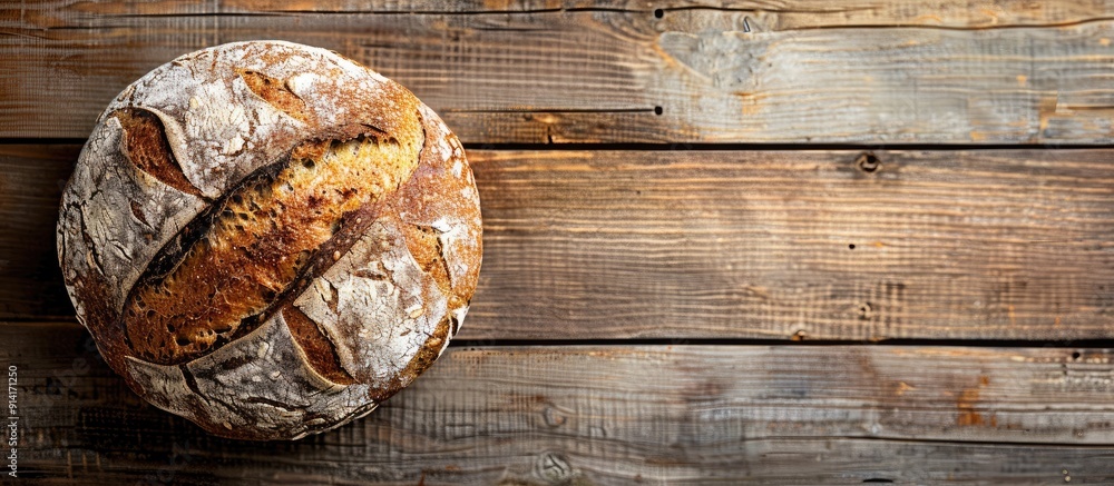 Poster top view of a homemade buckwheat bread loaf on a wooden surface with a blank area for text or images