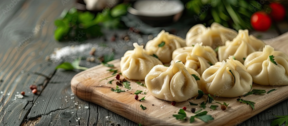 Poster uncooked georgian meat dumplings khinkali on a cutting board with ample copy space image available