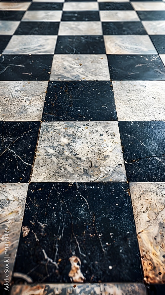 Poster classic checkered marble floor pattern providing retro playful backdrop for mockup or copy space
