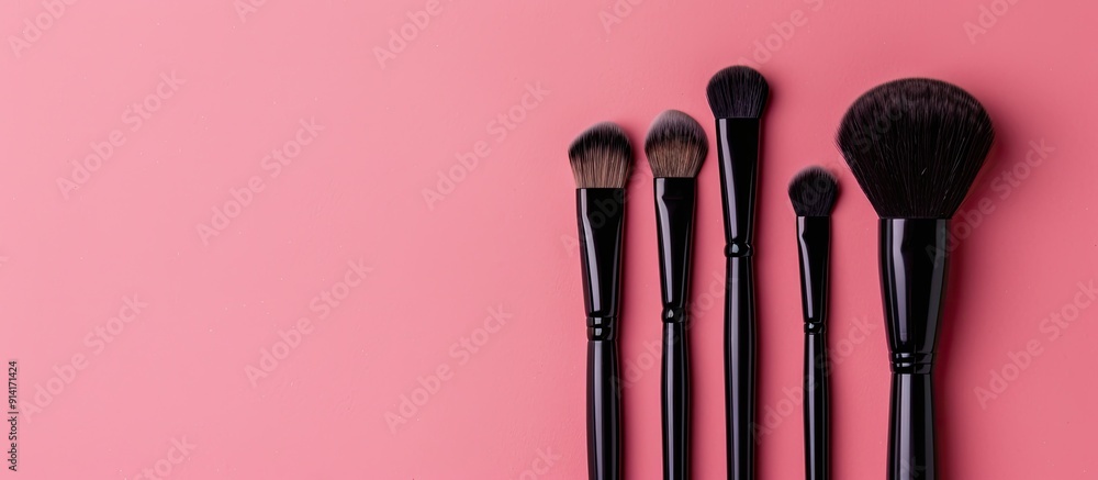 Poster Makeup brush set displayed along the bottom edge against a pink background for text or regulations featuring copy space image
