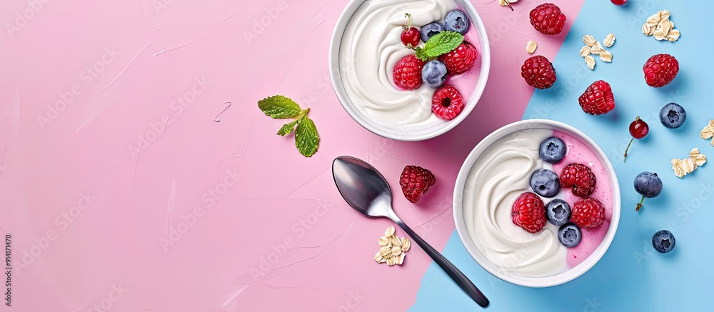 Poster Space for text on pink and blue background with bowls filled with yogurt berries spoons and a glass suitable for insertion of a copy space image