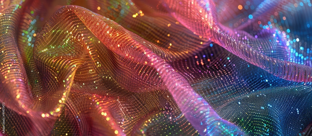 Poster introducing a dazzling fabric with rainbow sparkles on a mesh net for a standout look in any crowd p
