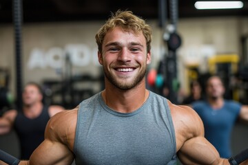 Obraz premium A young, blonde man wearing a gray tank top smiling in a gym environment, surrounded by others exercising, showcasing determination and a positive attitude.