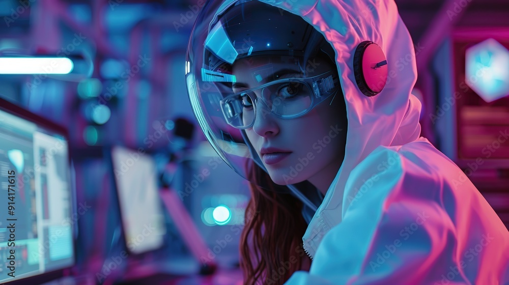Poster smart woman robot engineer programmer work in robotic lab research and development team. student eng