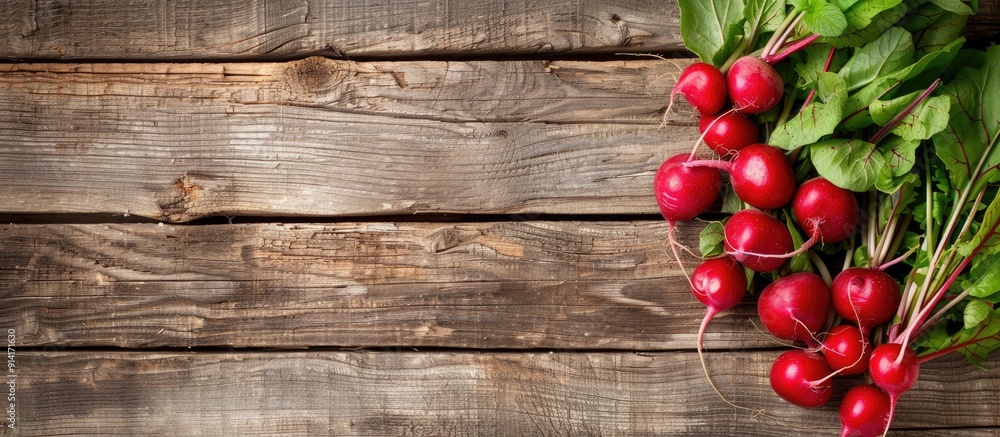 Poster Fresh red radishes on a wooden background with ample copy space for custom text or images