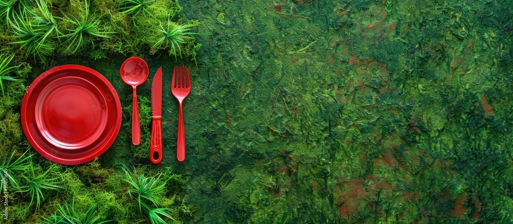 Poster Red plastic tableware placed on green grass with a moss background in a top view setting urging the ban of single use plastic with copy space for an image