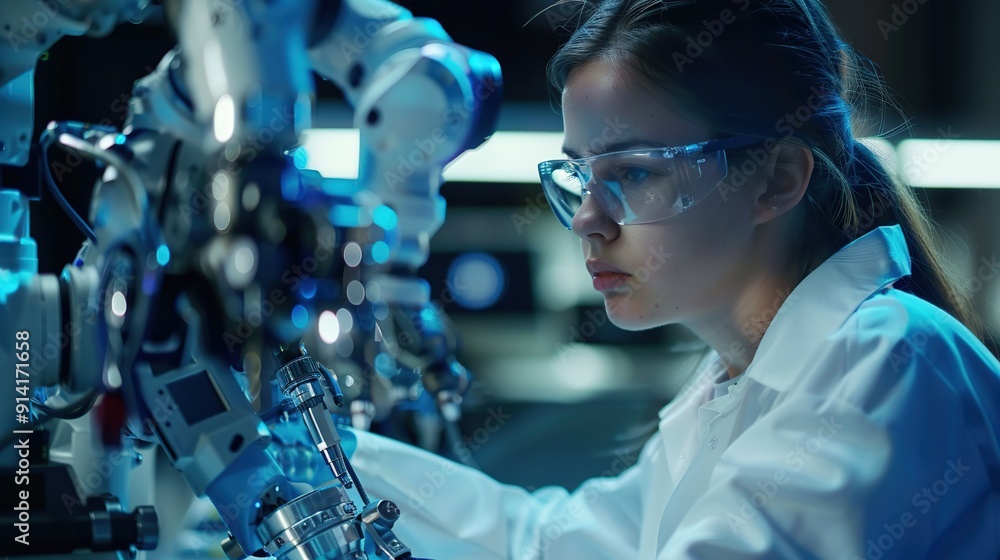 Poster smart woman robot engineer programmer work in robotic lab research and development team. student eng