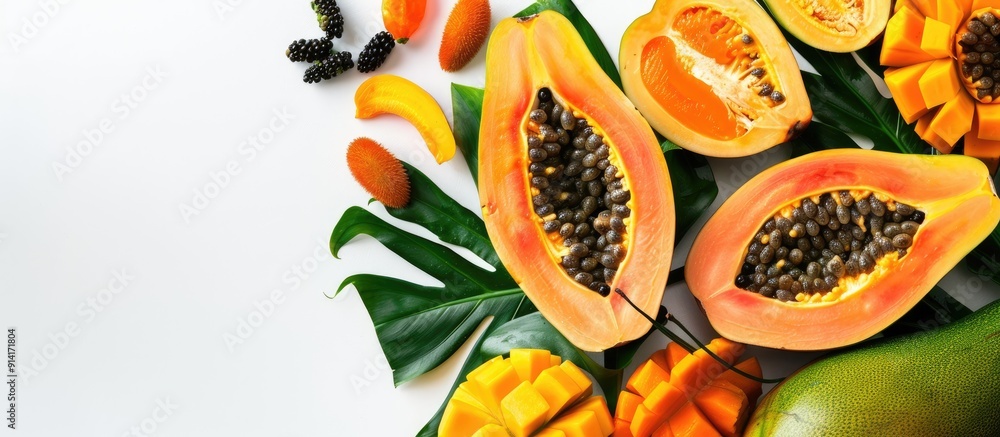 Poster top view of fresh ripe papaya and other fruits on a white background with copy space image