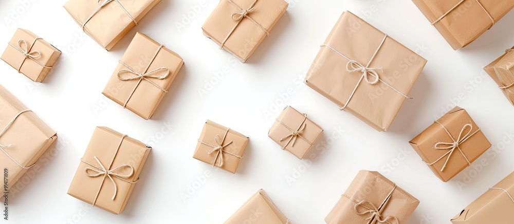 Aufkleber Top view mock up of wrapped boxes and a pad on a white background representing a parcel delivery concept with copy space image
