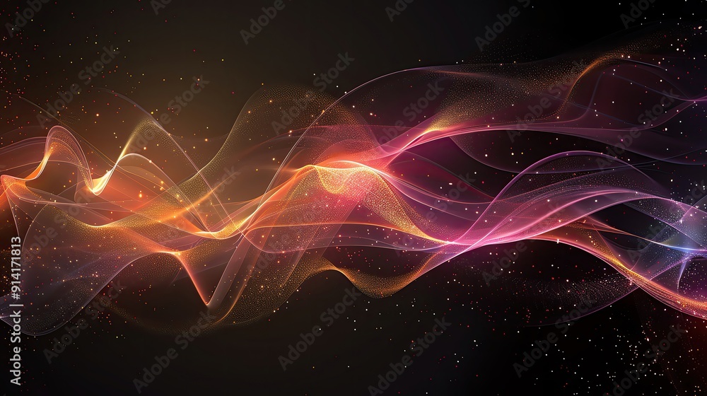 Poster abstract wave design in vibrant colors, creating a sense of motion and fluidity against a dark backg