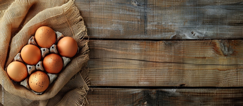 Poster Fresh organic chicken eggs arranged on a rustic burlap cloth in a top down view with a clear area for text or other elements copy space image