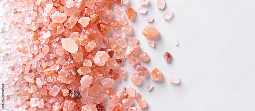 Poster pink himalayan salt displayed on a white background providing a clear copy space image for visual im