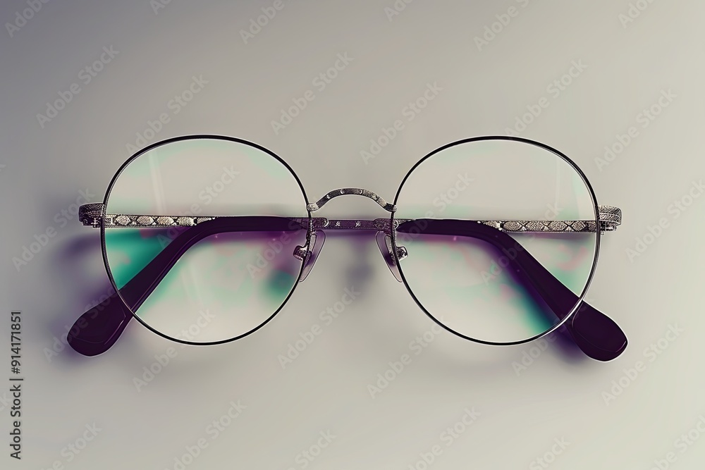 Canvas Prints round eyeglasses with black arms on a grey background.