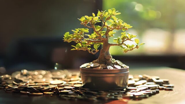 Small bonsai tree growing in a pot filled with coins, symbolizing financial growth. Concept of wealth and investment