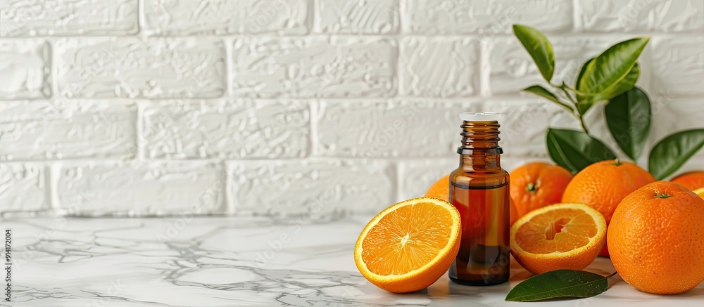 Poster essential oil bottle displayed with oranges and leaf on a grey marble surface next to a white brick 