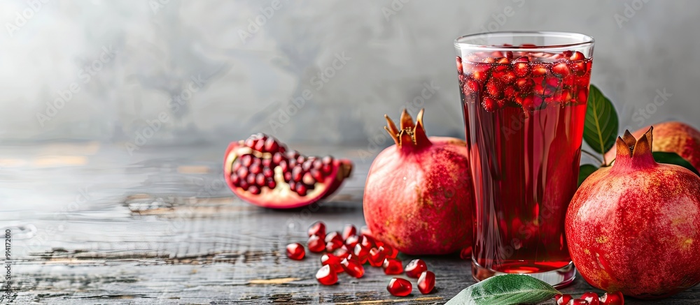 Aufkleber a glass of revitalizing pomegranate juice with leaves and fruits set on a dark wooden surface agains