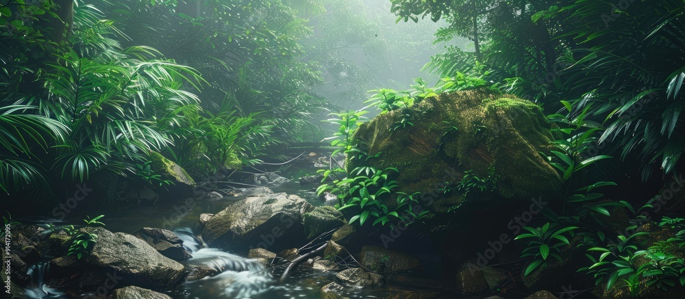 Canvas Prints A picturesque rock surrounded by lush greenery near a flowing stream in the forest with a blank space for inserting an image. Creative banner. Copyspace image