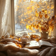 Cozy Autumn Scene with Warm Blanket and Hot Tea